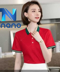 áo thun đồng phục nữ màu đỏ cổ xanh lá