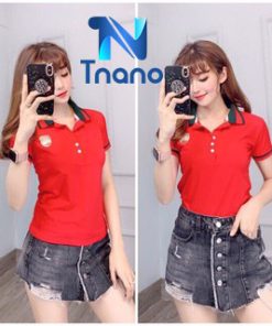 áo thun polo nữ màu đỏ viền đen