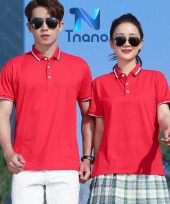 đồng phục áo phông nam nữ màu đỏ sọc trắng