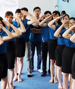 áp thun đồng phục công sở màu xanh nẹp cổ cam