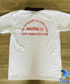 đồng phục áo polo trắng in logo đỏ