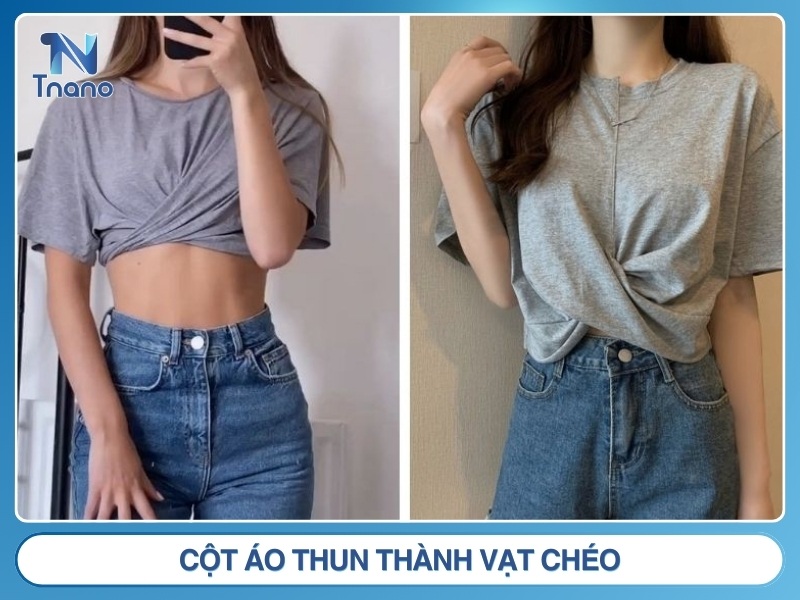 Kiểu 5: Cột áo thun thành vạt chéo phong cách Hàn Quốc