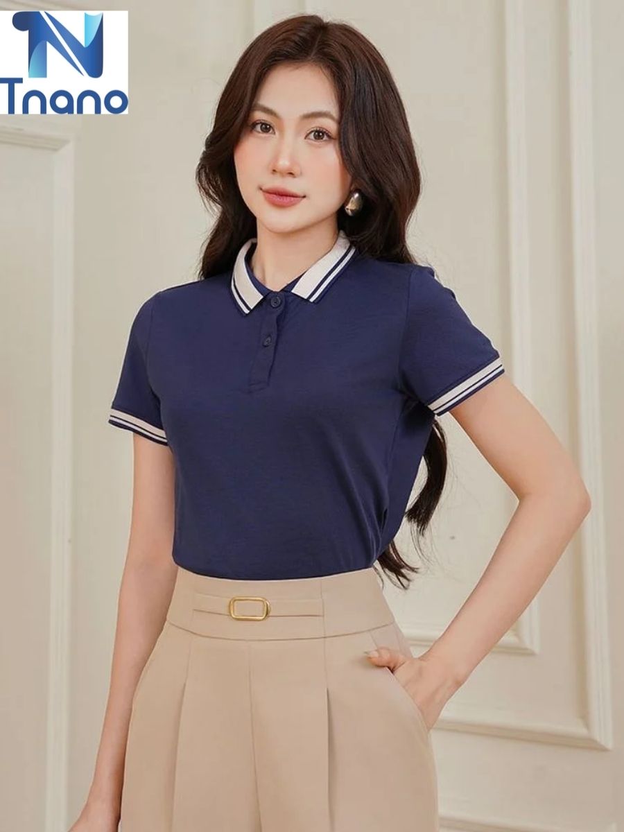 Áo polo xanh dương phối cổ trắng