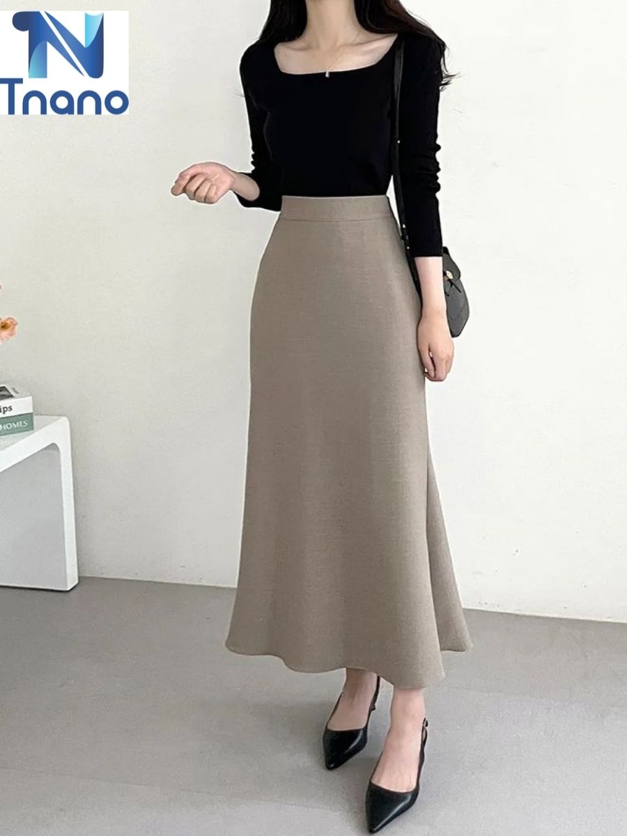 Phối đồ với chân váy công sở dài qua gối tôn dáng