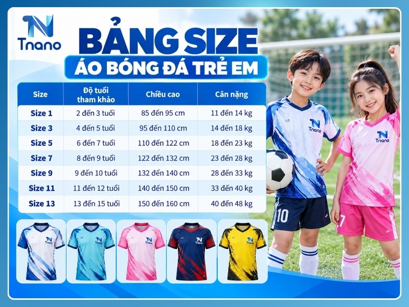 Bảng size áo bóng đá trẻ em