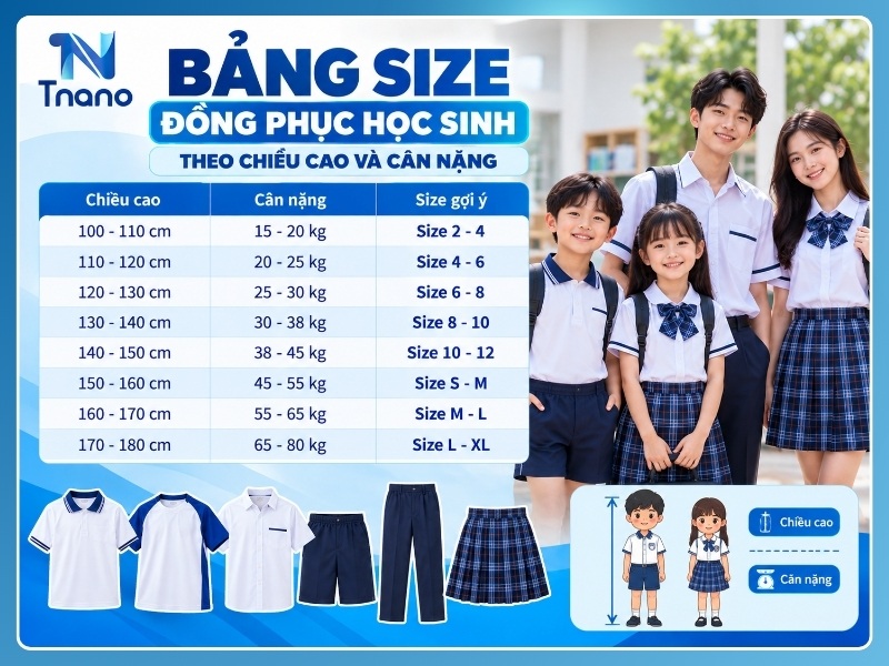 Bảng size đồng phục học sinh theo chiều cao và cân nặng